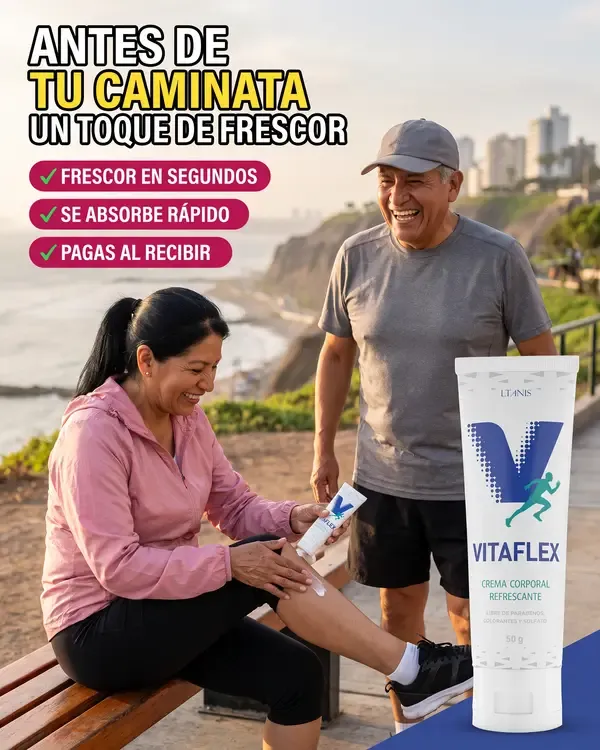 Pareja en el malecón aplicándose Vitaflex en la rodilla antes de caminar