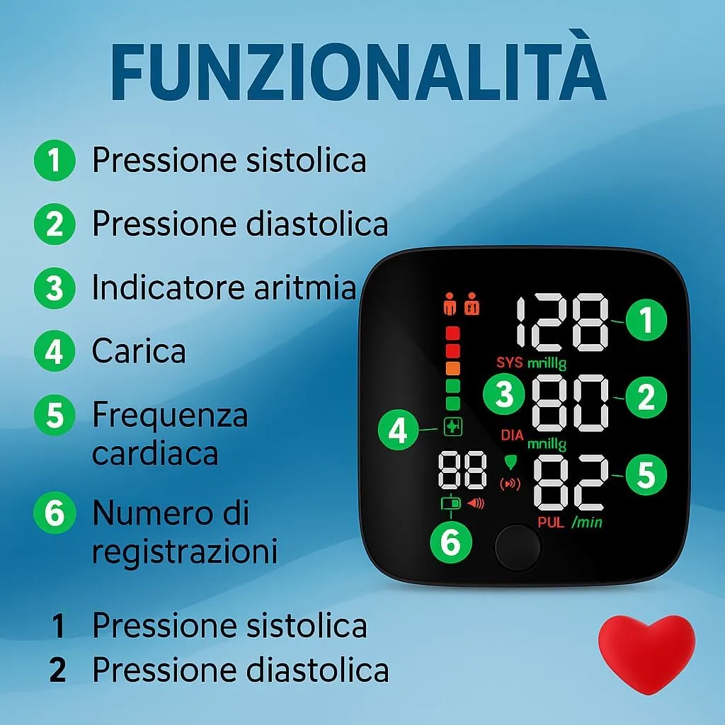 Funzionalita' display SmartCare: pressione sistolica, diastolica, aritmia, carica, frequenza cardiaca, registrazioni