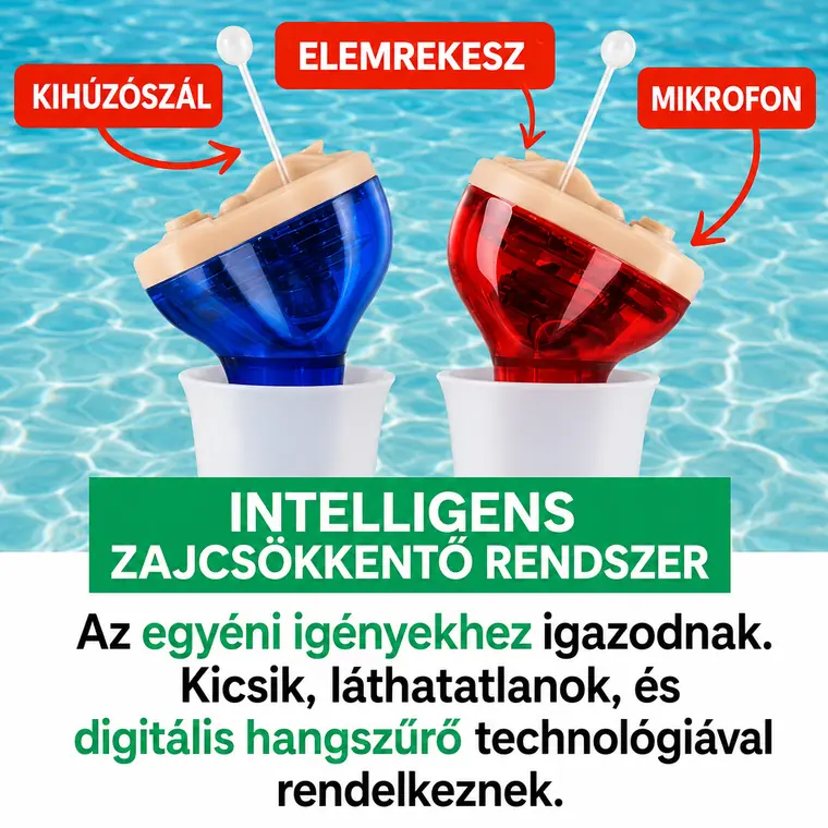 Az AudioClear felépítése: hallójáratba helyezhető készülék mikrofonnal és zajcsökkentő rendszerrel