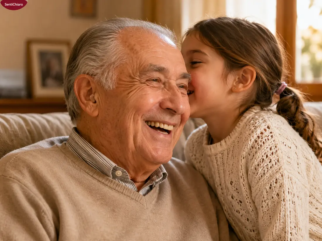 Nonno che ascolta la nipotina grazie all'amplificatore SentiChiaro